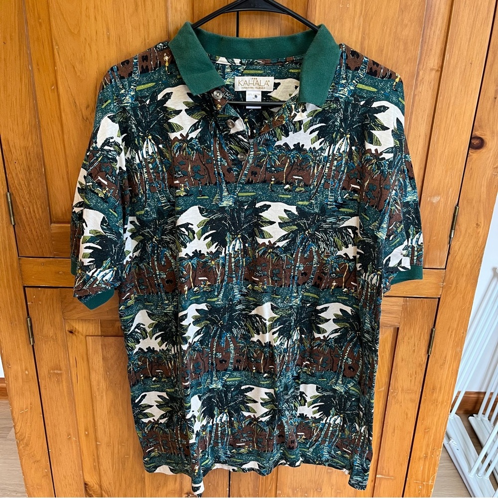 Kahala Men's Green and Brown Palm Print Polo Shirt